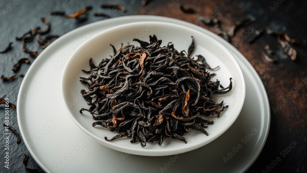 Fototapeta premium White dish holding black tea leaves