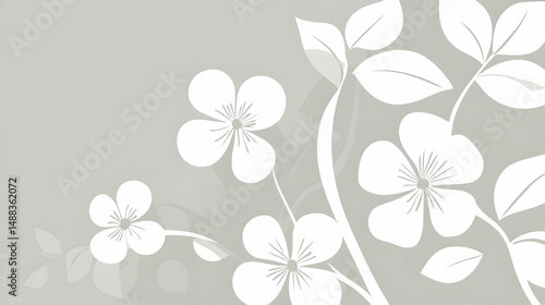 Elegant white flowers and leaves on grey background, perfect for greeting cards or website design