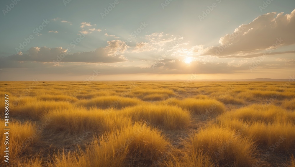 Fototapeta premium Sunlit yellow grassfield under a clear sky with clouds and horizon view in Albuquerque, New Mexico