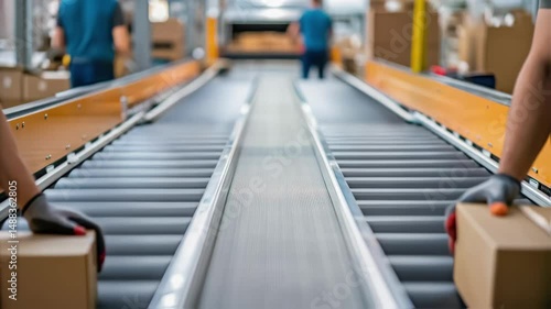 Wallpaper Mural Warehouse workers placing cardboard boxes on conveyor belt Torontodigital.ca
