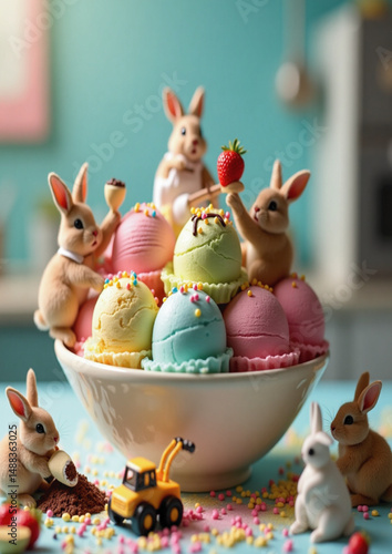sprinkles, strawberries, food art, animal figurines, whimsical scene, sweet treats,