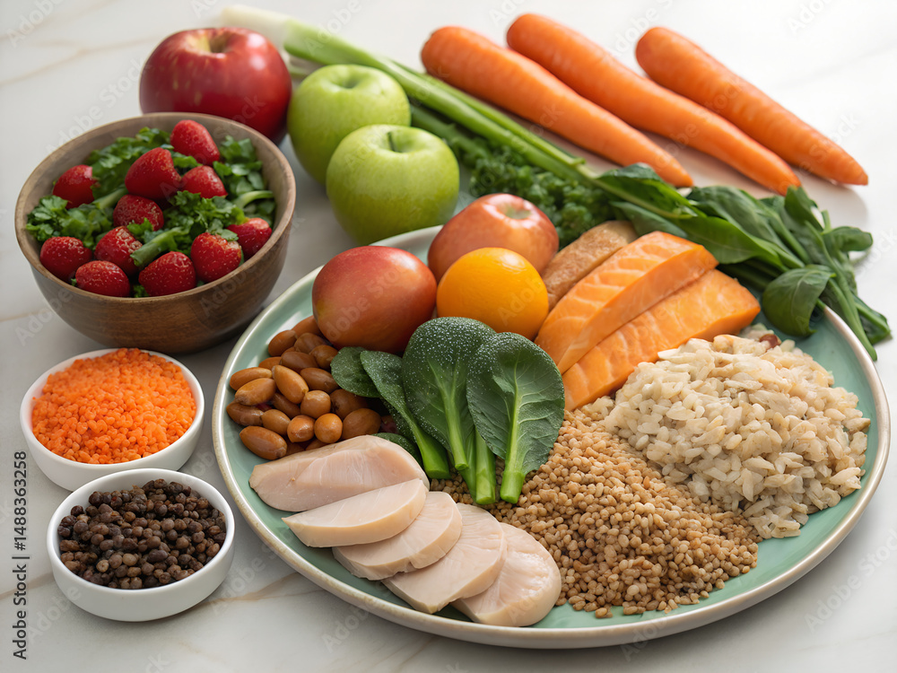 A fresh, highly composed flat lay of wholesome, clean eating ingredients styled on a neutral gray concrete surface. The design emphasizes vibrant color and nutritional diversity. A variety of cut frui A fresh, highly composed flat lay of wholesome, clean eating ingredients styled on a neutral gray concrete surface. The design emphasizes vibrant color and nutritional diversity. A variety of cut frui