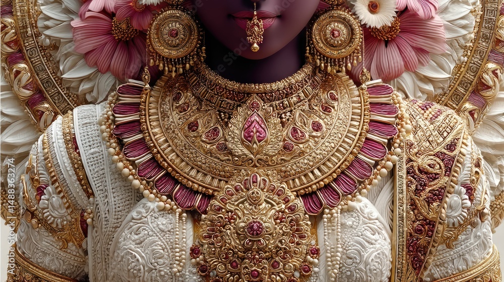 Obraz premium Cultural showcase exquisite textiles and divine beauty of goddess lakshmi's spiritual significance