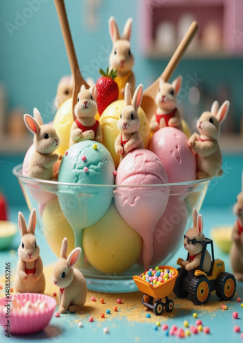 sprinkles, strawberries, food art, animal figurines, whimsical scene, sweet treats,