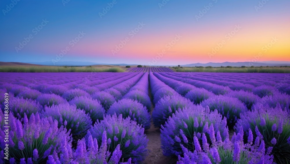 Fototapeta premium Daytime perspective of a stunning lavender field landscape