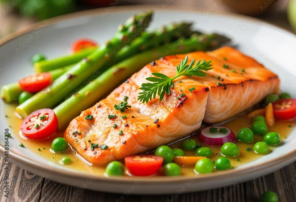 Closeup of a roasted salmon steak surrounded by a colorful medley of asparagus, broccoli, carrots, tomatoes, radishes, green beans, and peas,is drizzled with olive oil and sprinkled with fresh herbs Closeup of a roasted salmon steak surrounded by a colorful medley of asparagus, broccoli, carrots, tomatoes, radishes, green beans, and peas,is drizzled with olive oil and sprinkled with fresh herbs