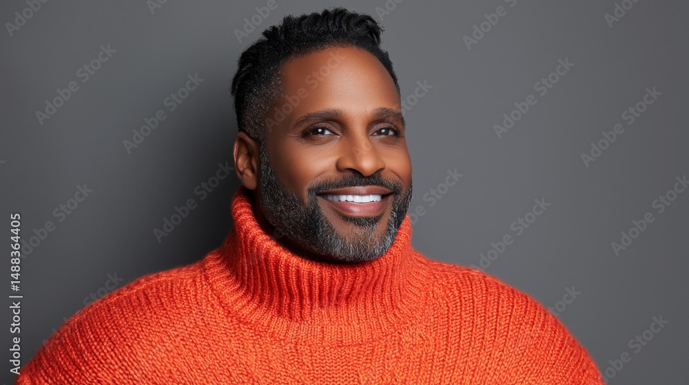 Obraz premium Man with a beard and sweater smiling contentedly in a cozy atmosphere surrounded by nature and warm colors
