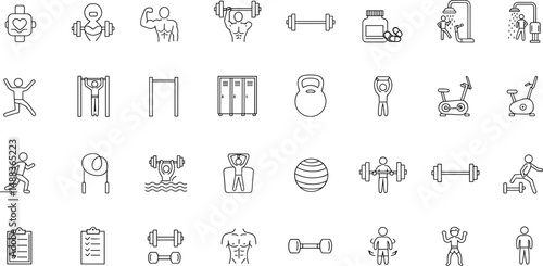 GYM Line Editable Icons set. Vector illustration in modern thin line style of fitness related icons: gym, sports equipment, exercises, and more.