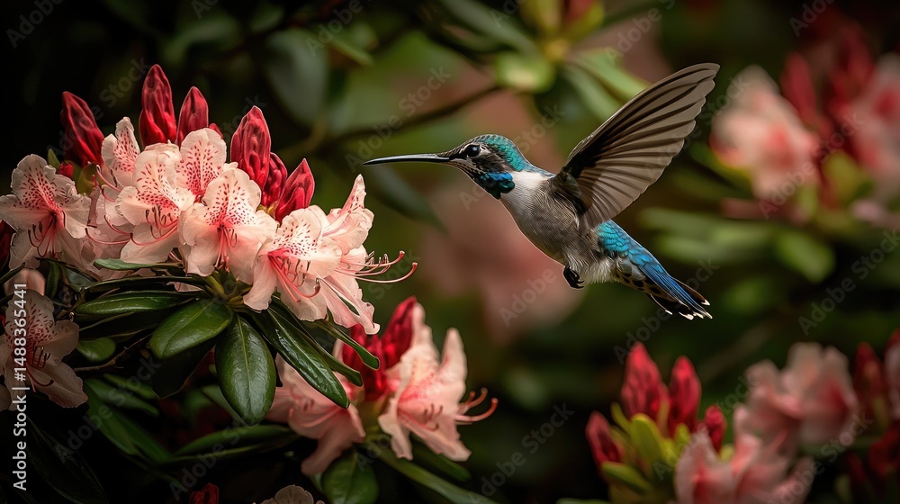 Fototapeta premium A hummingbird in flight amidst blossoms.