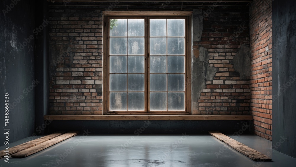 A large window featuring a wooden sill that reaches down to the floor across the entire concrete wall. An industrial loft with a rugged decor. A dark backdrop and brick. A large window featuring a wooden sill that reaches down to the floor across the entire concrete wall. An industrial loft with a rugged decor. A dark backdrop and brick.