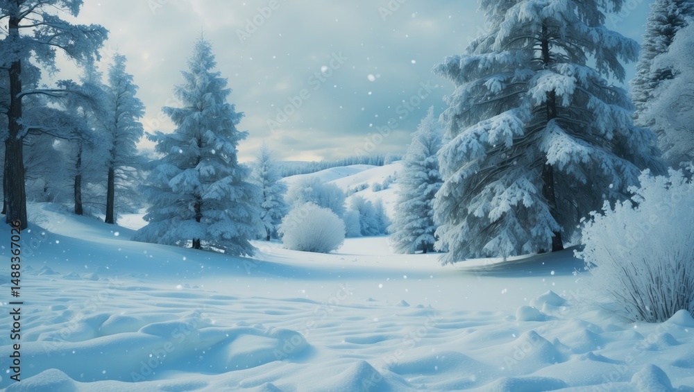 Naklejka premium A chilly winter landscape featuring snow-laden trees, soft snow drifts, and a clear blue sky. Ideal for design