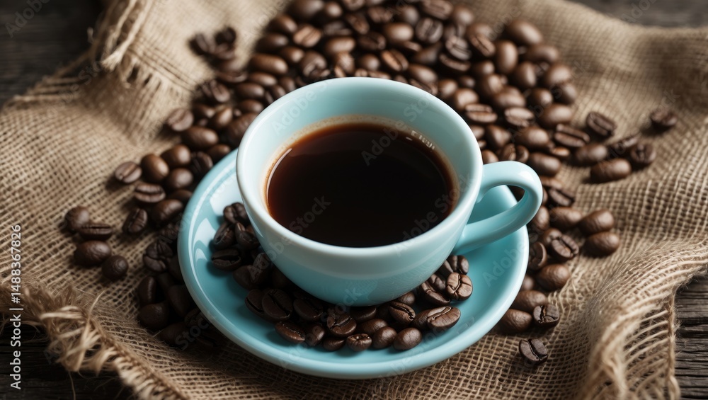 Fototapeta premium Freshly brewed coffee in a cup alongside roasted coffee beans on a rustic tabletop with a wooden spoon. Aerial perspective