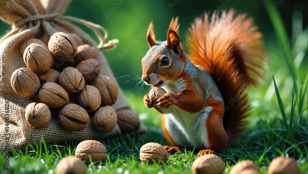 Obraz premium Nuts are eaten by a squirrel: A walnut bag as a squirrel's gift.