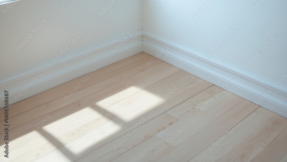 Fototapeta premium Corner of a room featuring light wood flooring and white baseboards.
