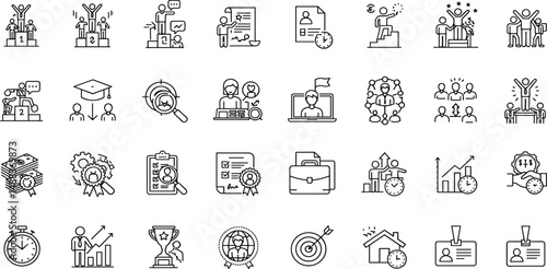 Head Hunting Line Editable Icons set. Vector illustration in thin line modern style of human resources related icons: job interview, candidates search, working conditions, and more.