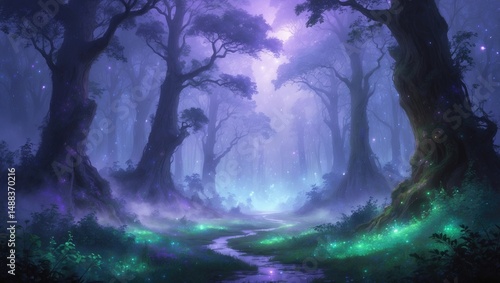 Enchanted woodland with violet and turquoise lighting. digital landscape artwork.