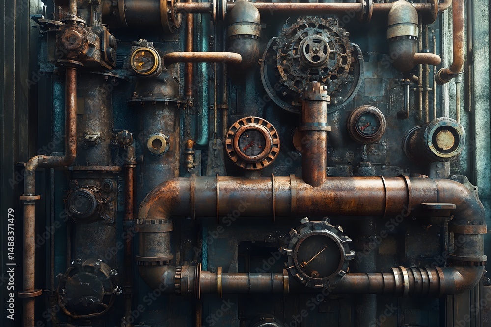 Detailed close up depiction of industrial steampunk machinery with rusted metallic components Detailed close up depiction of industrial steampunk machinery with rusted metallic components