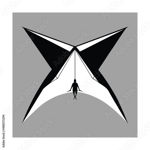Minimalist illustration of a person gliding with a wing shaped structure on a gray background
