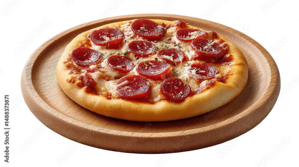 Pizza Perfection: A close-up shot of a delicious, freshly baked pepperoni pizza resting on a natural wooden plate, showcasing its appetizing qualities and vibrant colors. Pizza Perfection: A close-up shot of a delicious, freshly baked pepperoni pizza resting on a natural wooden plate, showcasing its appetizing qualities and vibrant colors.
