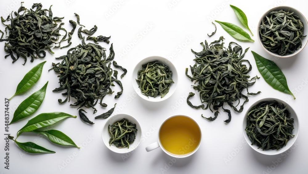 Fototapeta premium Loose Leaves and Brewed Tea Bowls of Iron Goddess of Mercy Oolong Set on a White Surface