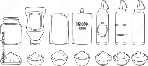 Outlined cartoon set of various dip containers and bowls with dips. Includes jars, squeeze bottles, pouches (cheese sauce), and small bowls with different sauces. Black and white line art.