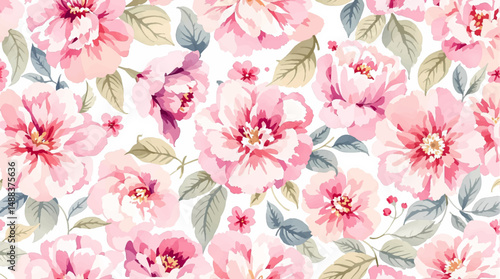 Watercolor seamless pattern featuring hand painted pink flowers including rose peony
