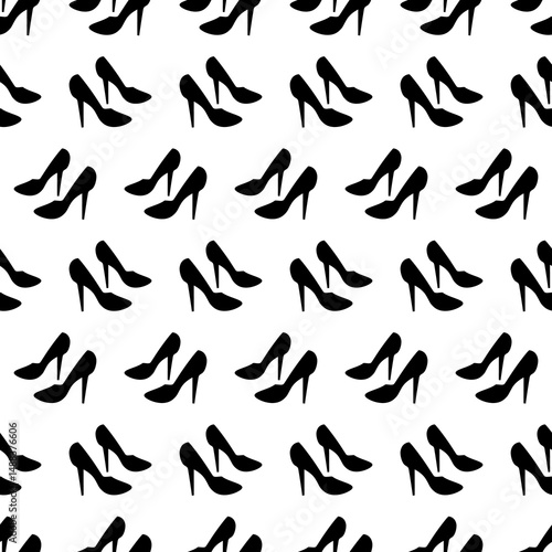  A repeating seamless pattern of silhouette high-heeled shoes on a white background.