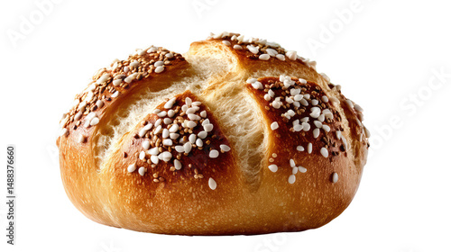 Golden-Crusted Bread Roll: An inviting close-up showcases a single bread roll, its golden crust adorned with perfectly arranged seeds and textures, offering a comforting aesthetic appeal.