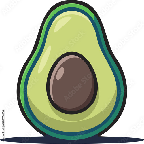 A cheerful cartoon-style avocado illustration with a large seed and tiny leaf, perfect for food themes, health graphics, or kids content.
