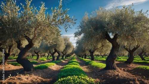 Olive oil trees laden with olives. Scenery set for crafting extra virgin olive oil.