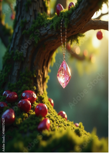 Glowing, MysticalBranch, Sunlight, Shimmering, Enchanted forest, Fairy tale, Fantasy 