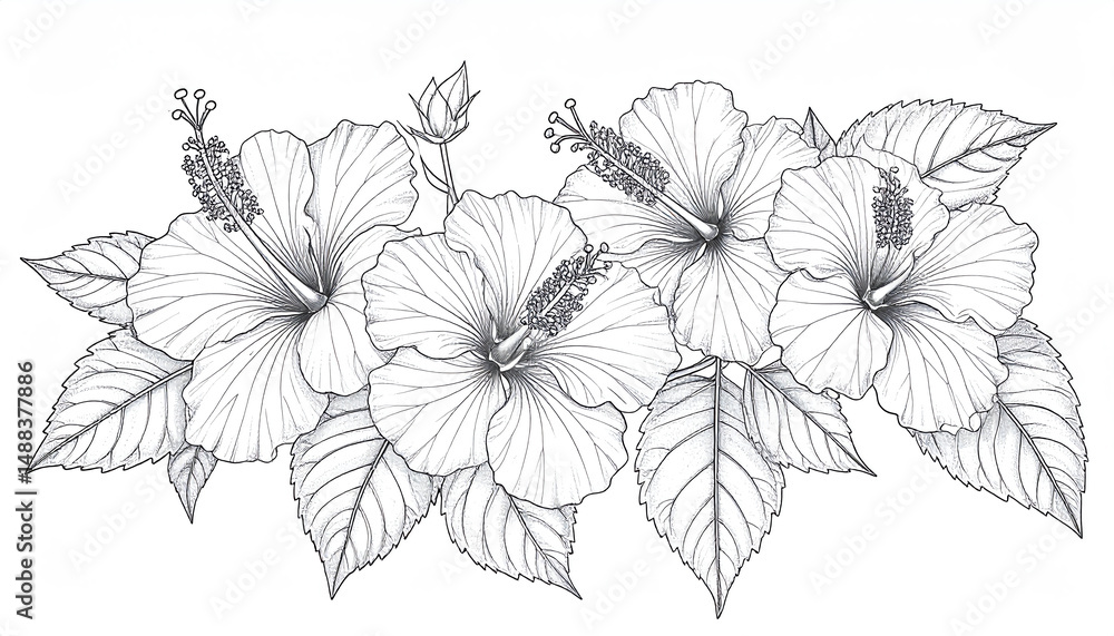 Naklejka premium A detailed sketch of hibiscus flowers surrounded by leaves, showcasing the intricate patterns and textures of the petals and foliage