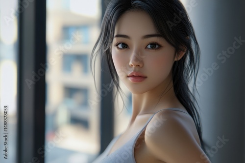 Free Download Beautiful young woman with long hair posed near window in urban setting in Japan - GFXLoad