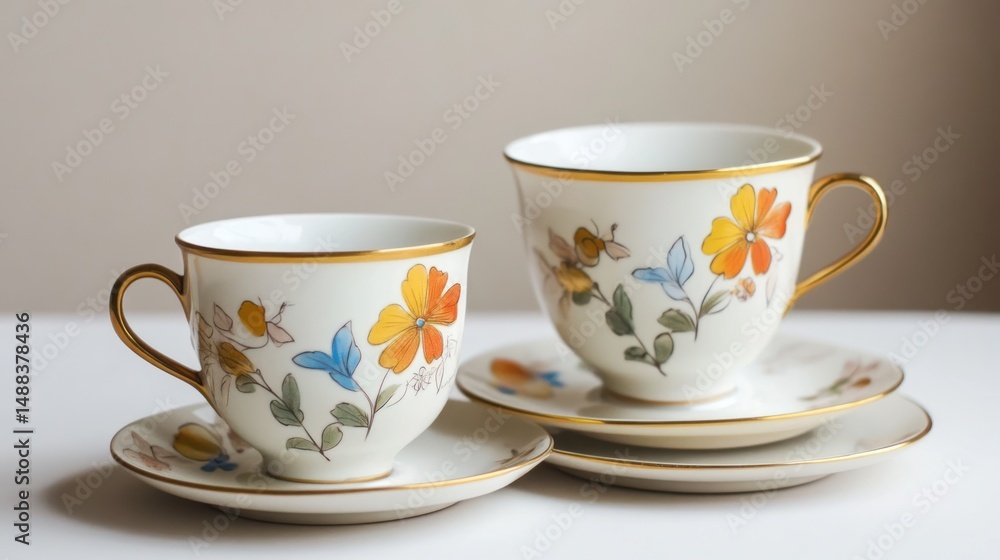 Fototapeta premium Floral Elegance: A Captivating Composition of Decorative Porcelain Tea Cups