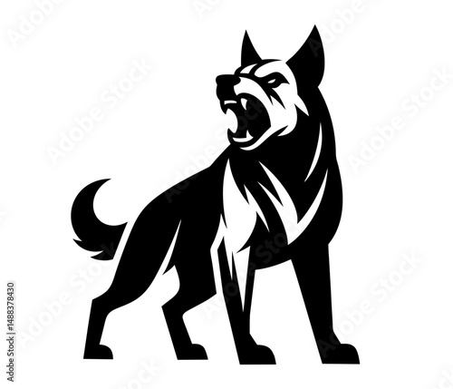 Angry dog silhouette showing aggressive stance and bared teeth in black and white vector design. Clipart image isolated on background.