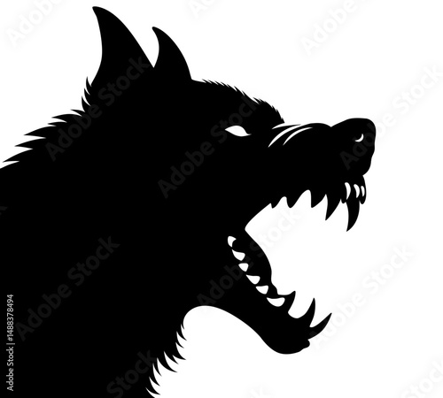 Black silhouette of snarling aggressive dog with sharp teeth. Clipart image isolated on background.