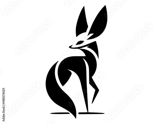 Stylized black silhouette of fennec fox standing on two legs. Clipart image isolated on background.