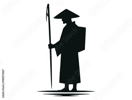 Silhouette of Japanese fisherman with traditional hat and spear standing. Clipart image isolated on background.