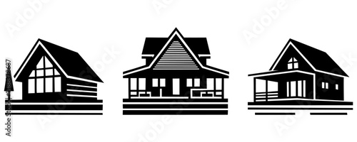Set of three black silhouette lake houses on white background. Clipart image isolated on background.