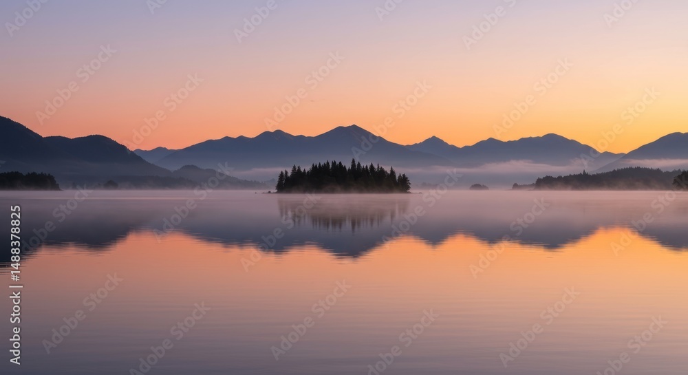Lake reflects mountains at sunrise with fog and trees on small island. Lake reflects mountains at sunrise with fog and trees on small island.