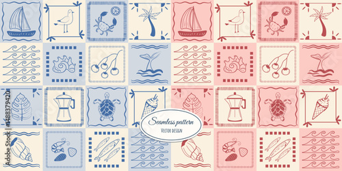 Modern seamless checkered pattern with hand-drawn ink elements in Italian style. Decorative background in a cage, vector mosaic ornament.