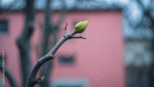 Zoomed-in shot of a springtime chestnut apical bud opening with a blurred background showing a pink residential building wall and an abstract pattern of tree branches.