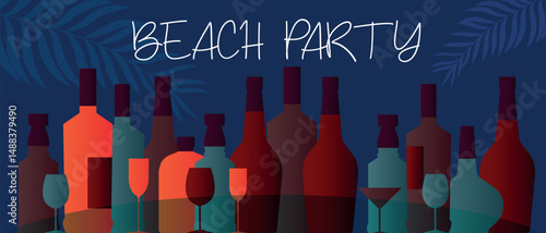 Beach party, alcohol collection, bottle and glasses, dark sky background and palm leaves outline. Red wine, martini, rum, liqueur, drink party, bar poster, wine list