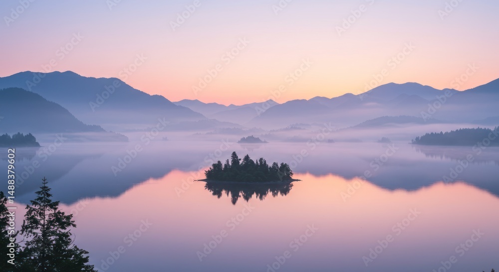 Serene lake with a small island reflecting in the water at dawn. Serene lake with a small island reflecting in the water at dawn.