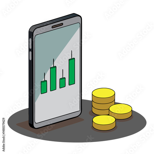 Digital illustration of smartphone displaying candlestick chart, symbolizing cryptocurrency trading, with stacks of gold coins beside it, representing financial growth and investment