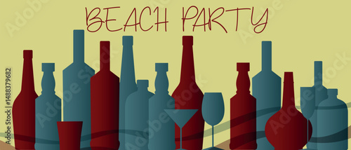 Wine list, wine bar, festival, beach party, wine collection. Alcohol, booze, red wine, white wine, cabernet, chardonnay, flat design