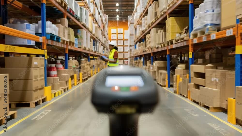 Warehouse management system scanning inventory in logistics center Warehouse management system scanning inventory in logistics center