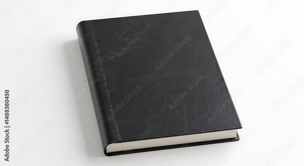 Elegant black hardcover book rests subtly on white background soft light. AI Generated Elegant black hardcover book rests subtly on white background soft light. AI Generated