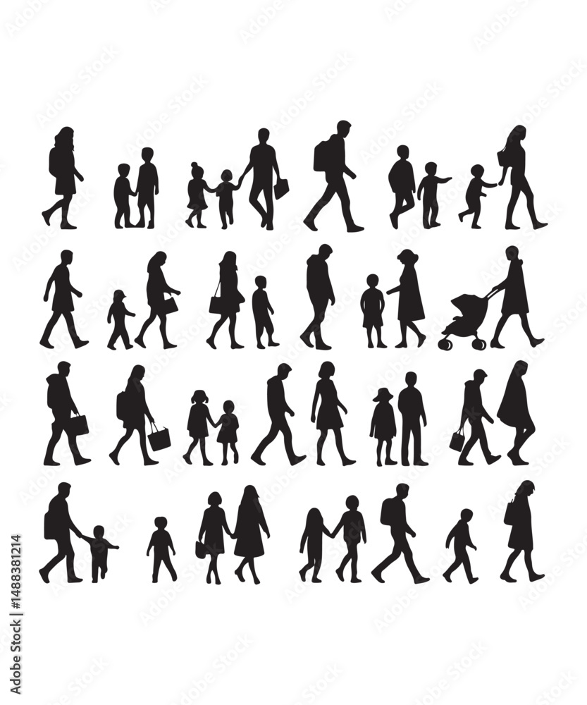 Fototapeta premium Happy family Illustrations Silhouette set. Silhouettes on isolated background.