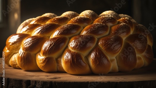 Charming three-braid golden bread finished with egg wash and hail sugar photo